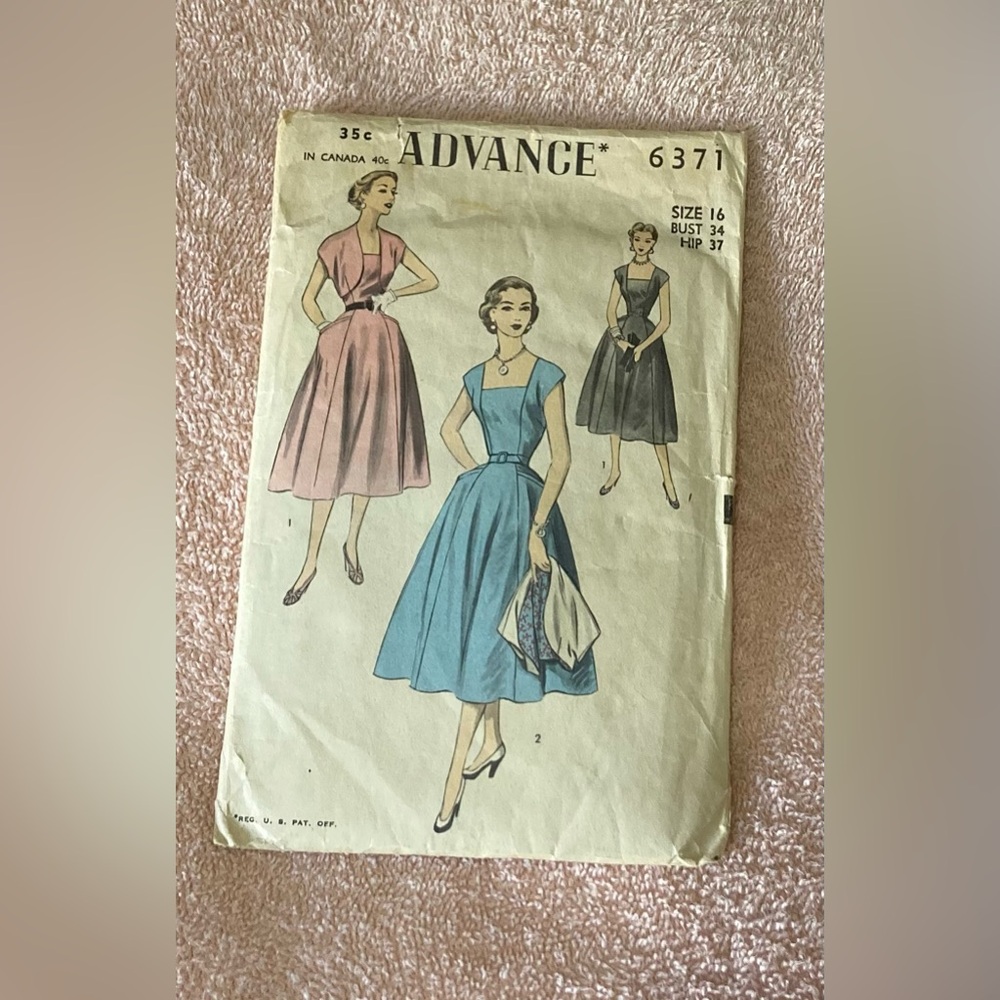 Original Vintage Dress Sewing Pattern 1950s Advance Pattern 6371 Bust 34 Hip 37